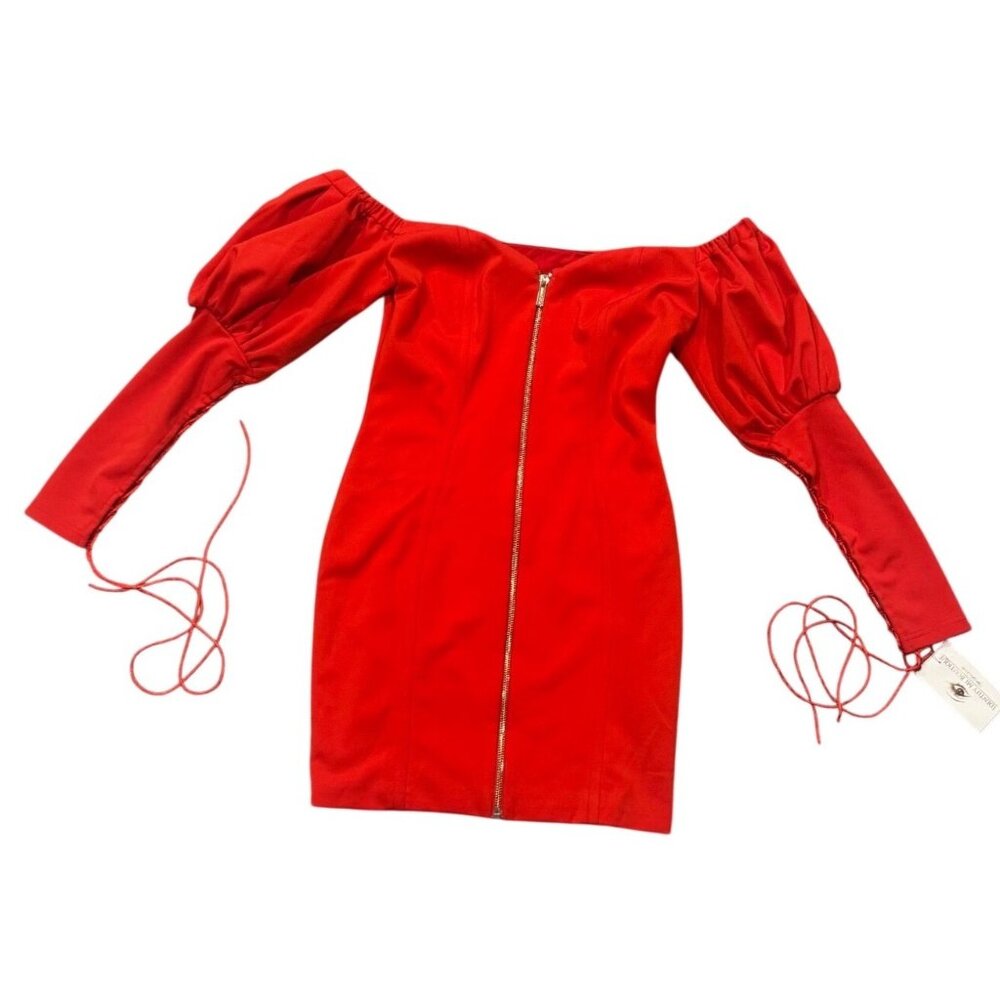 Off-Shoulder Red Dress W/ Puff Sleeves Zip Front Tie Detail Size S Miss Circle P - Picture 3 of 8
